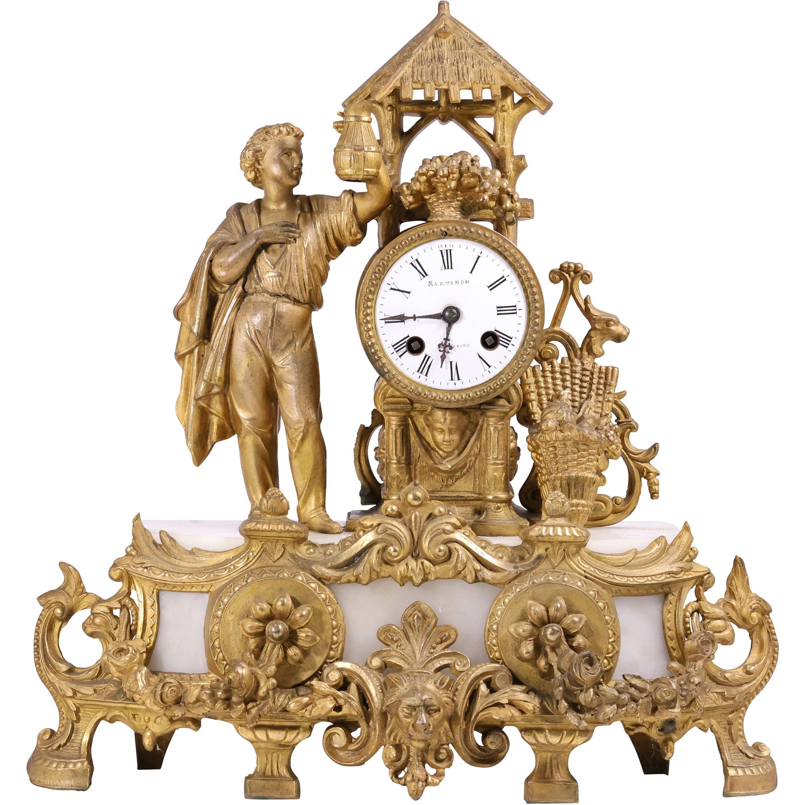 19th C. Rococo-style gilt metal figural mantel clock with inner Onyx Panel 16 in. height x 16 in. w. (1 of 18)