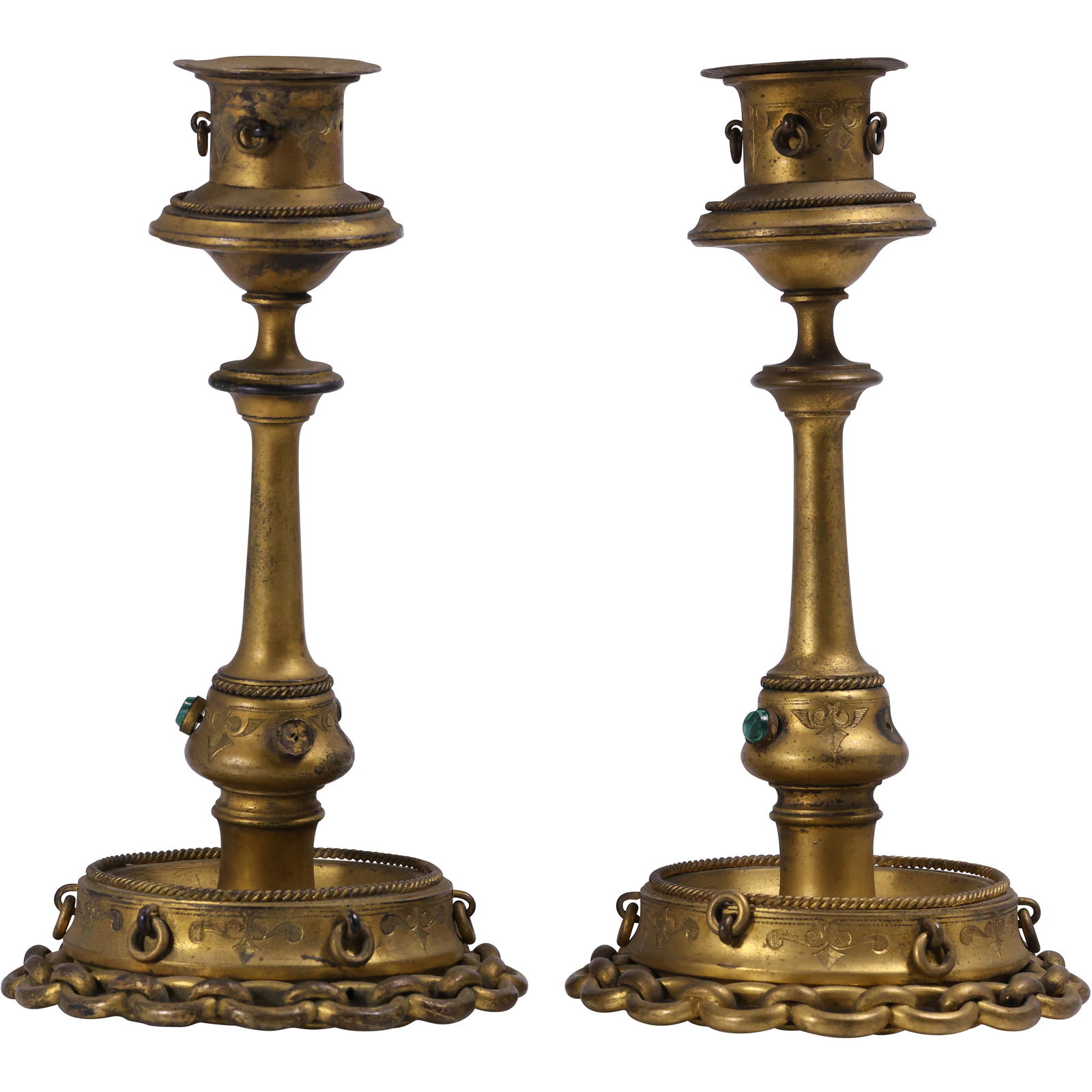 Pair of 19th C. Baroque-style Bronze altar candlesticks Accented with Jewels, Chain Link Base: Pair of 19th C. Baroque-style Bronze altar candlesticks Accented with Jewels, Chain Link Base. size: 8.5h 4.5w S:B