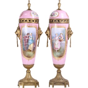 Pair 19th-century French Sèvres Porcelain Pink with SCenic Panels, Lidded Garniture Urns.