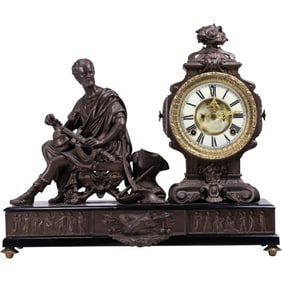 antique Ansonia "Cincinnatus" figural mantel clock. Cast Metal Spelter, Open Escapement Dial