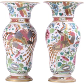 pair 19th C. Chinese Famille Rose porcelain vases hand-painted motifs of birds, Flowers 12.5 in. h.