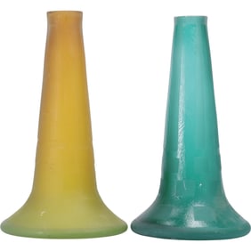 Signed DAUM NANCY Colored Art Glass Amber & Blue Flared Base, Horn-like Shape Vases 16.5 in. h.