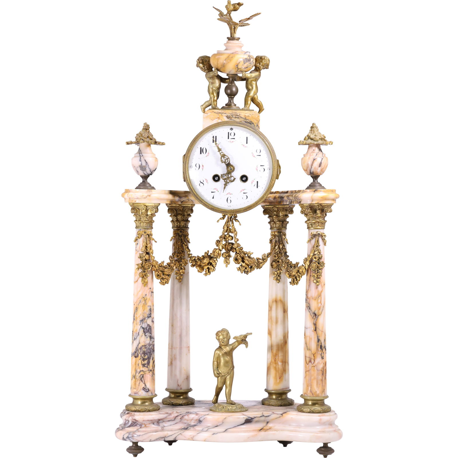 19th C Antique French Mantel Clock in Variegated Marble with Gilt Metal Mounts and Cherubs (1 of 17)
