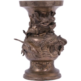 19th C. Japanese Bronze Vase Meiji Period Dragon and Crane Relief