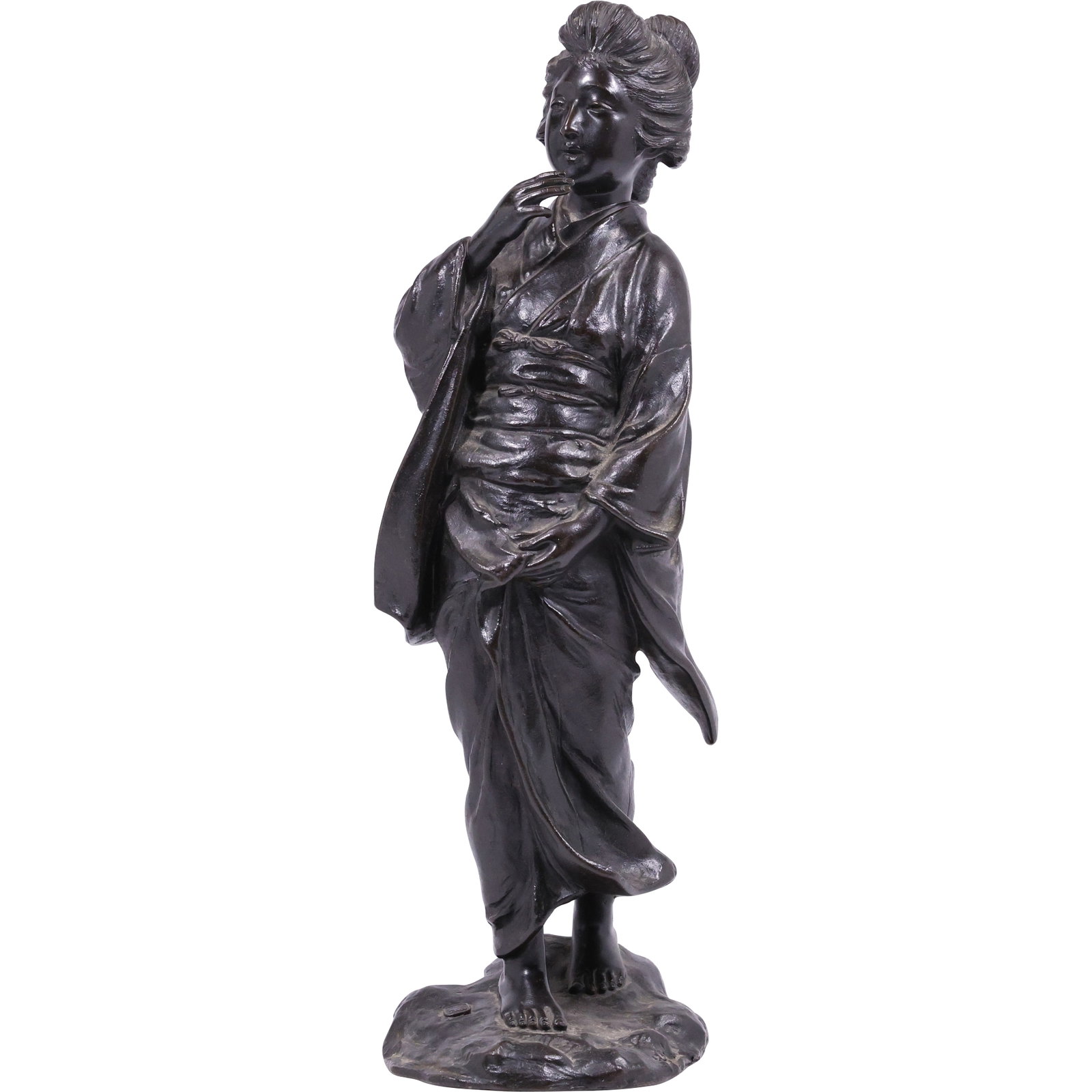 19th C. Genryusai Seiya Japanese Meiji Period Bronze Okimono Woman: Japanese Meiji period bronze okimono depicting a standing woman in a traditional kimono, finely cast with delicate garment folds and a calm, reflective pose. The figure stands barefoot on a naturalist