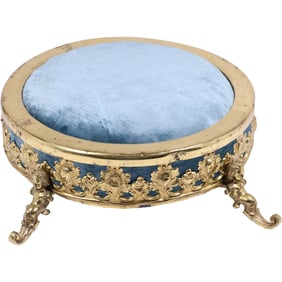 19th Century Louis XVI Revival Gilt Brass Vanity Cushion or Pin Cushion with Blue Velvet Upholstery