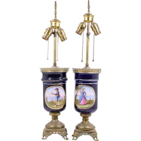 Pair of French Sevres Style Cobalt Porcelain Urn Table Lamps with Hand Painted Scenic Panels