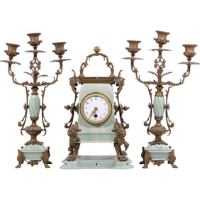 1882 Seger Porcelain Celadon Mantel Clock with Matching Candelabra Set