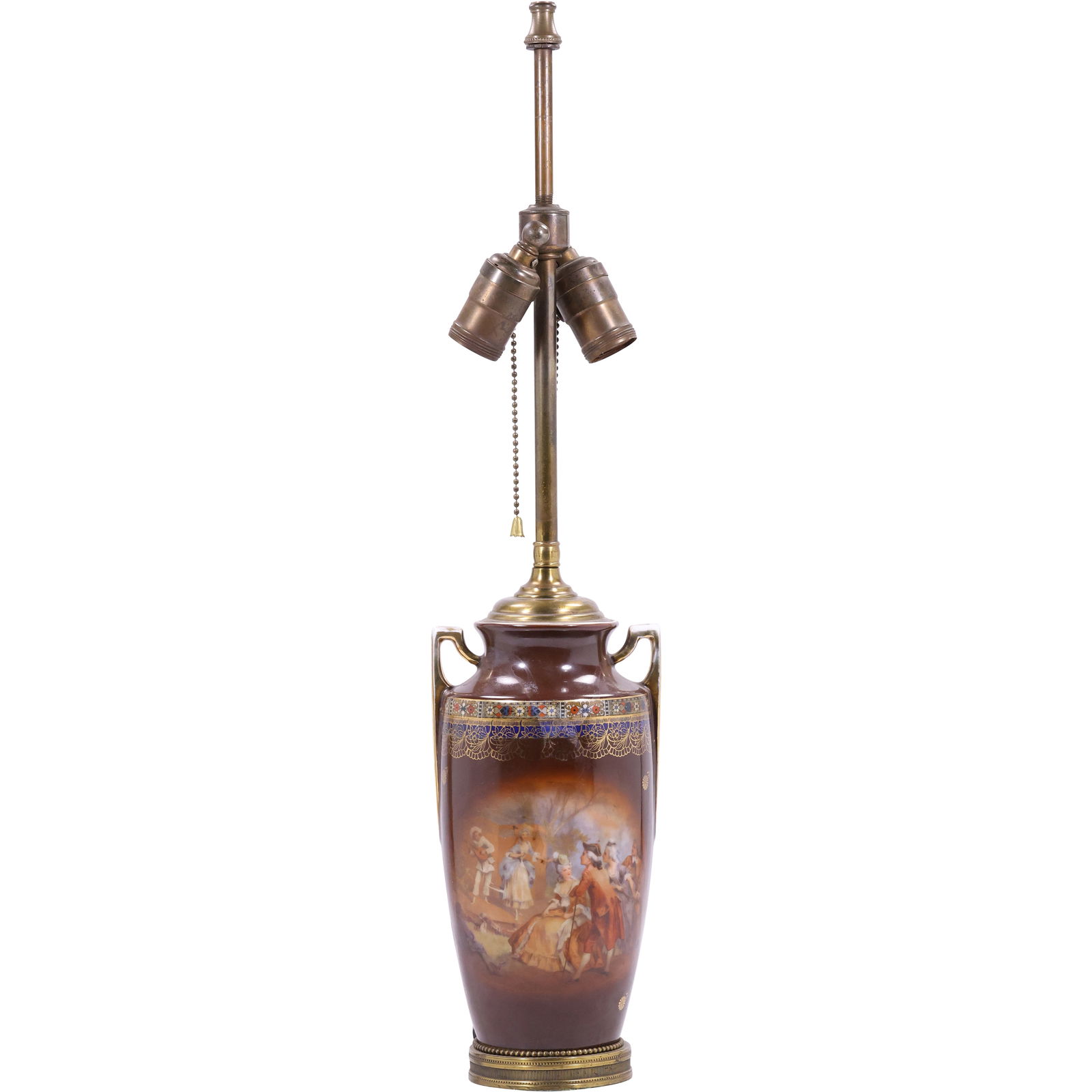 Style of Royal Vienna, Fine Porcelain Handled Vase Base Table Lamp, Genre Scenic Panel (1 of 20)