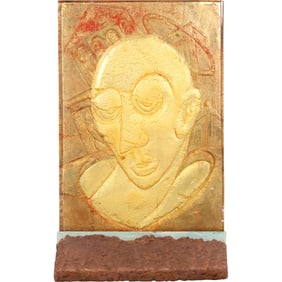 FRED Di FRENZI 1998 Studio Art Glass Face Panel. Mold slumped and reverse painted plate glass Signed