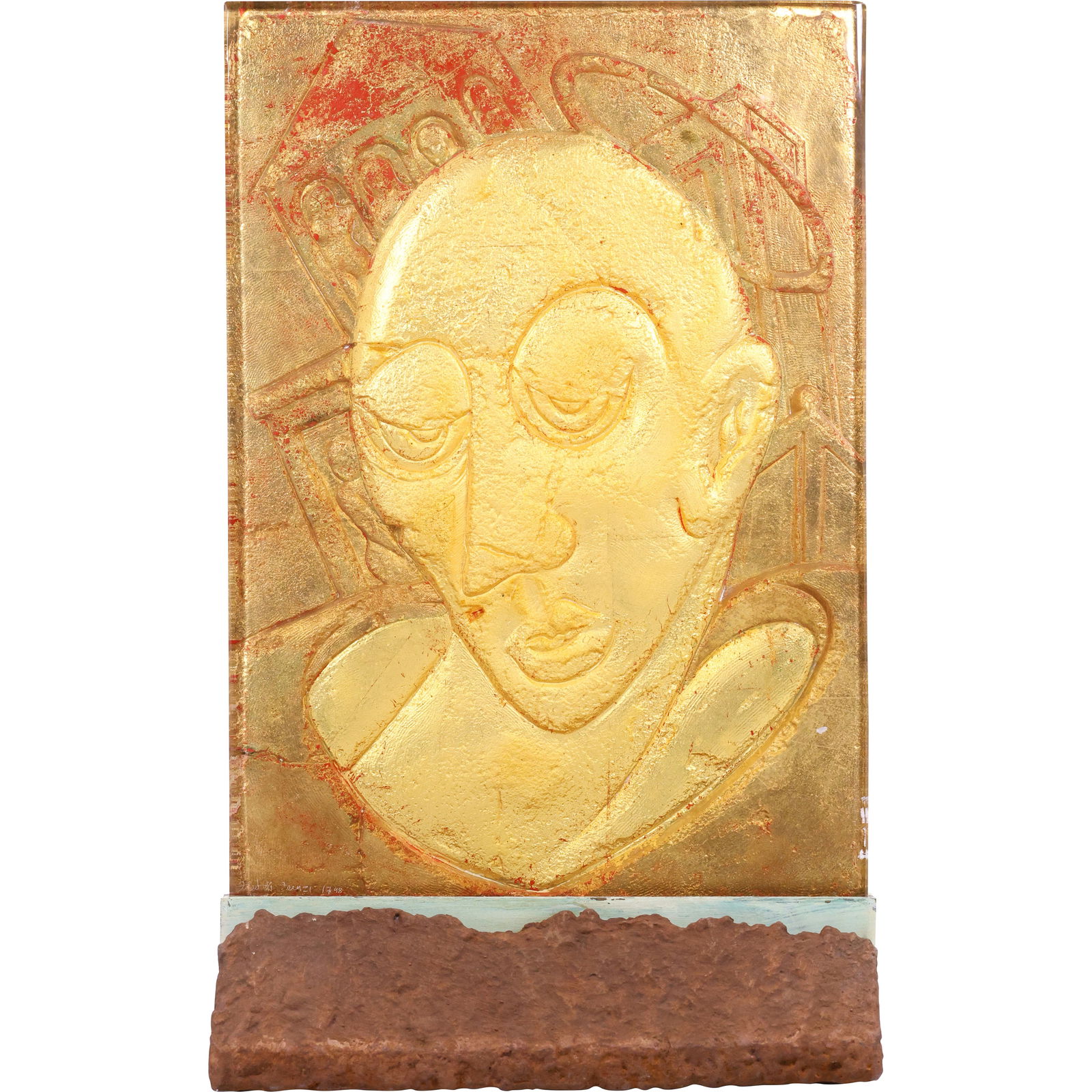 FRED Di FRENZI 1998 Studio Art Glass Face Panel. Mold slumped and reverse painted plate glass Signed (1 of 20)