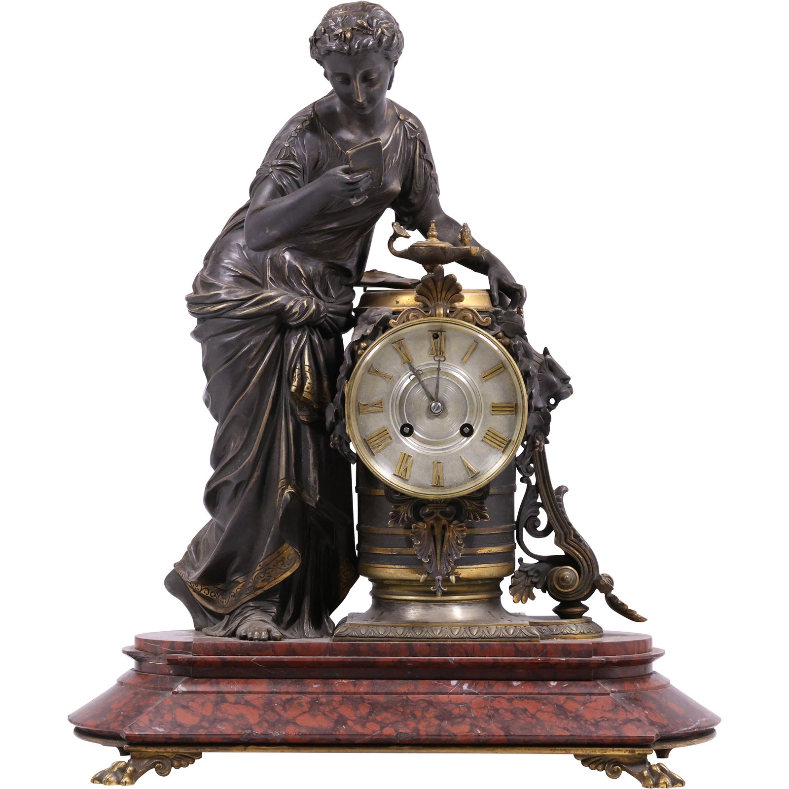 Ball Black and Co Bronze and Marble Mantel Clock with Classical Maiden: Bronze and marble mantel clock by Ball Black and Co with a sculpted robed maiden reading from a tablet and leaning on a cylindrical clock drum. The figure is cast in dark patinated bronze with gilt ac