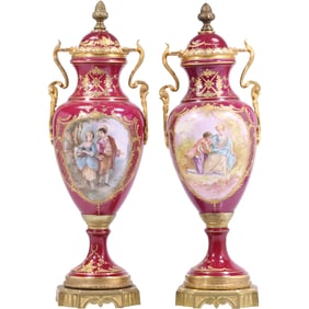 [2] 19th C. French Sevres Porcelain Covered Urns, Magenta Color with Courtship Scenic Panels, Signed