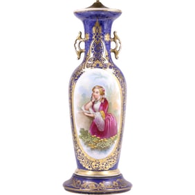 Tall Sevres Porcelain Urn Blue with Scenic Panel of a Maiden, Lamp Base 23 inches height