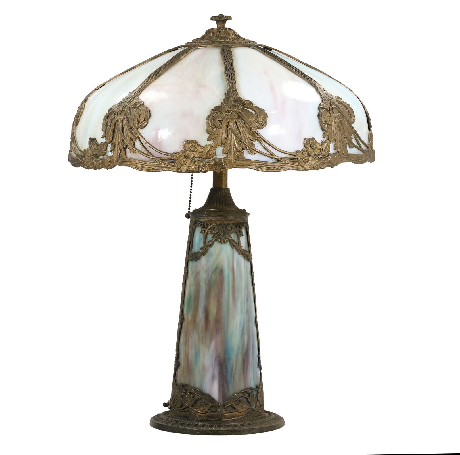 Antique Art Nouveau Blue Curved Slag Glass Lamp with Bronzed Metal Hardware and Lighted Base. (1 of 15)