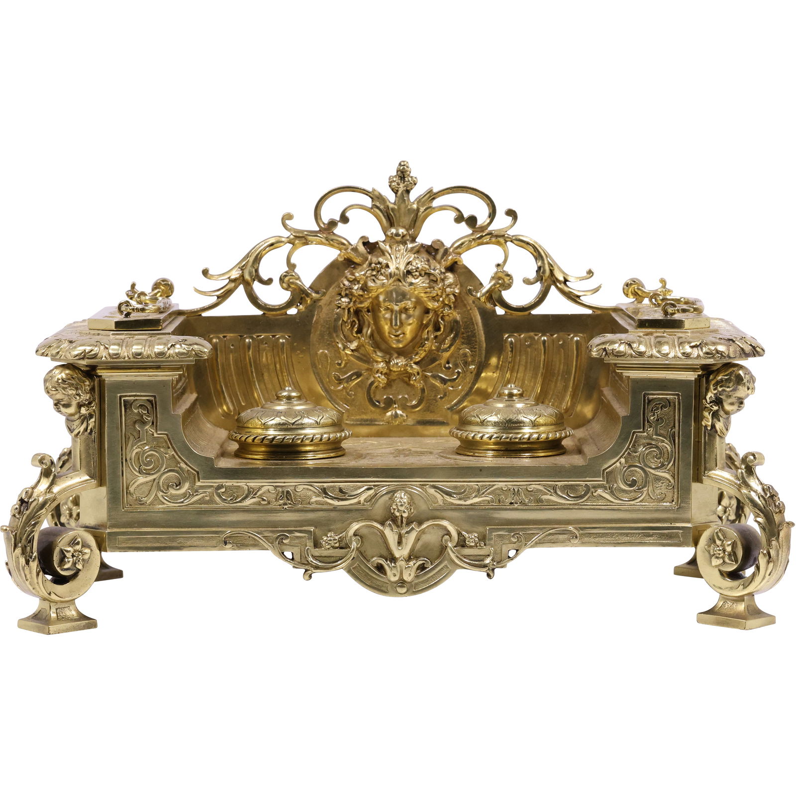 19th C. Brass Victorian Renaissance Desk Top Inkewell Console Lady Head Crest, Cupid Head Sides (1 of 17)
