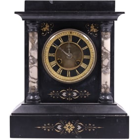 French Edwardian Black Marble Mantel Clock 12 in. height x 10 in. wide
