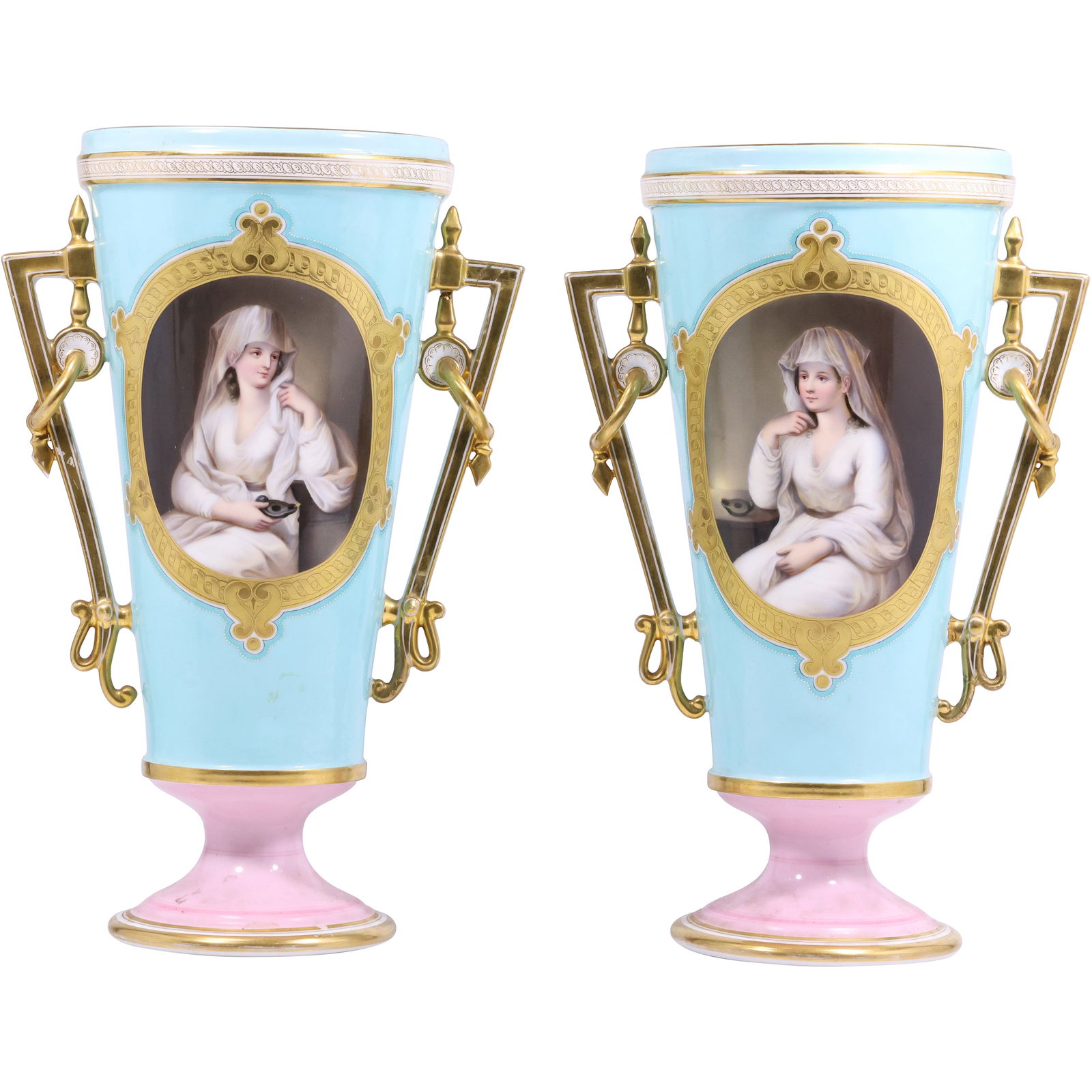 Pair 19th C. French Sevres Porcelain Two Handled Vases Women Portrairs 14 in. height x 9.5 in.: Pair of porcelain two handled vases featuring tall tapered bodies finished in a turquoise blue and teal blue glaze with pink footed bases and gold tone mount style elements. Each vase shows an oval fr