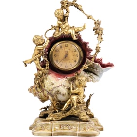 19th C. Napoleon III style Majolica Mantle Clock with Shell Body, Cherubs. 17.5 in. height