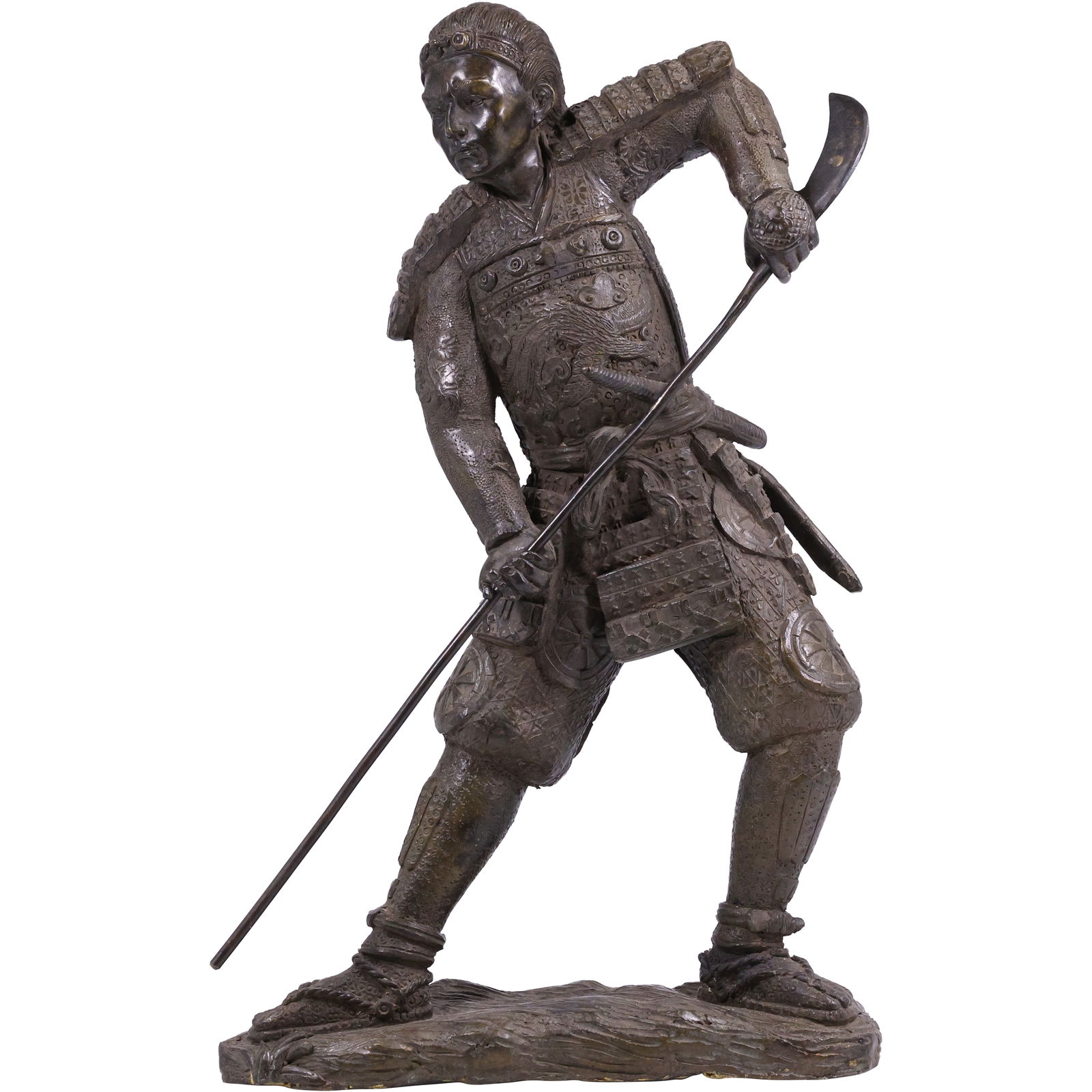 bronze statue of a Japanese samurai warrior in a battle stance. 17 inches height x 10.5 in. wide (1 of 16)
