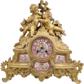 19th-century French mantel clock, crafted from ormolu (gilt bronze) with Sèvres porcelain plaques