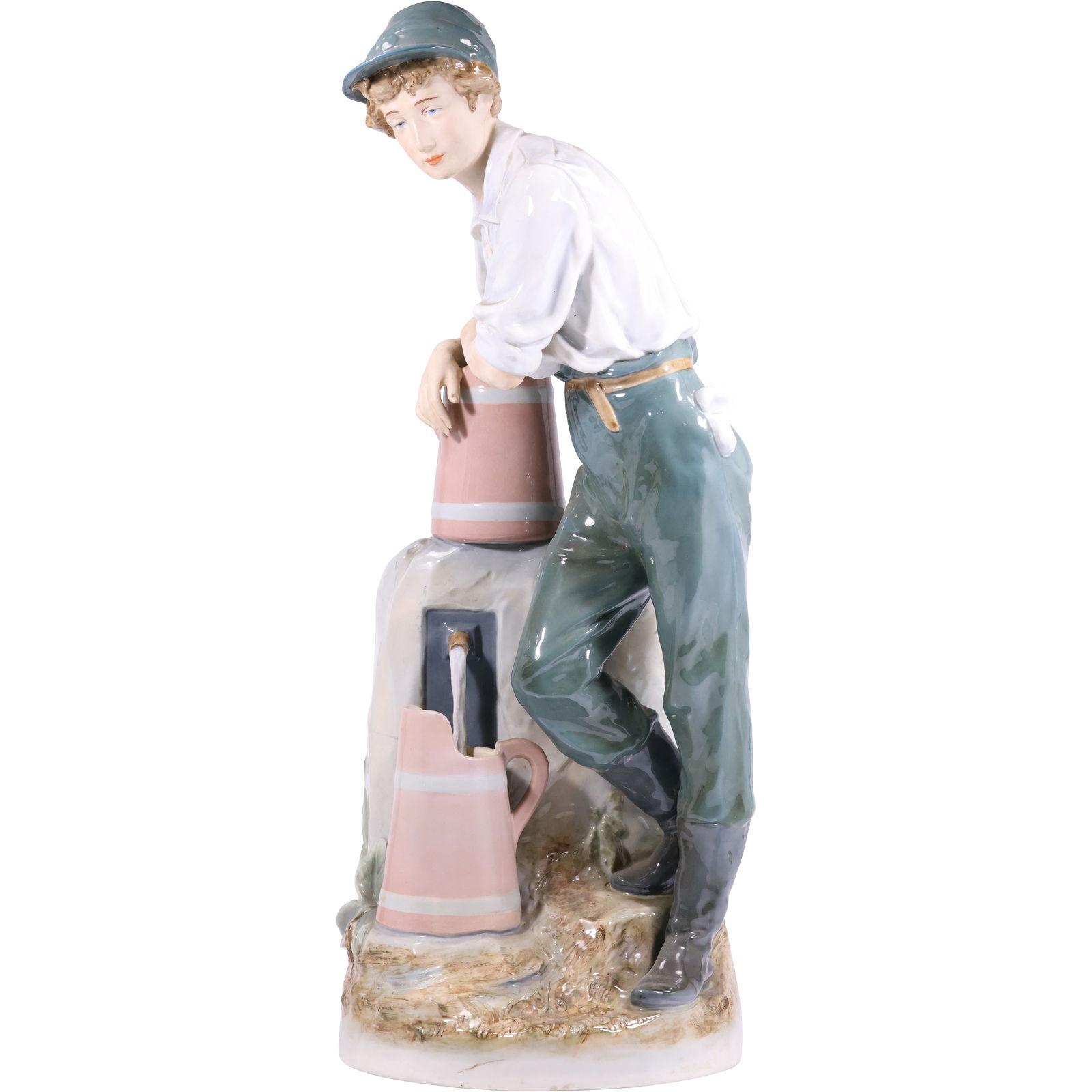 Royal Dux Man at Well "Man Filling Water Jug" Fine Porcelain, 23 inches height: Royal Dux Man at Well (or similar variations like "Man Filling Water Jug"). This figure depicts a young man in a cap, white shirt, and green trousers leaning on a structure with two pink jugs, one of