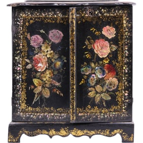19th C. Victorian-era papier-mâché jewelry cabinet. It is decorated with hand-painted floral