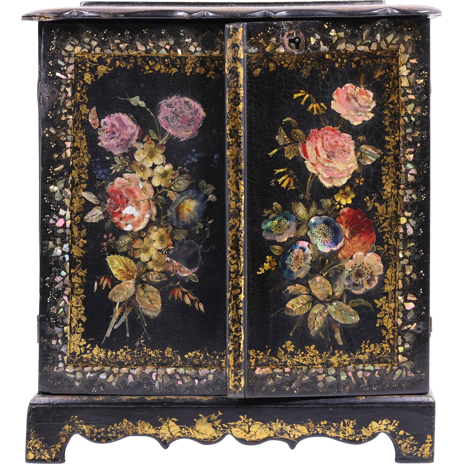 19th C. Victorian-era papier-mâché jewelry cabinet. It is decorated with hand-painted floral: 19th C. Victorian-era papier-mâché jewelry cabinet. It is decorated with hand-painted floral motifs . size: 13h 11.25w S:TBD