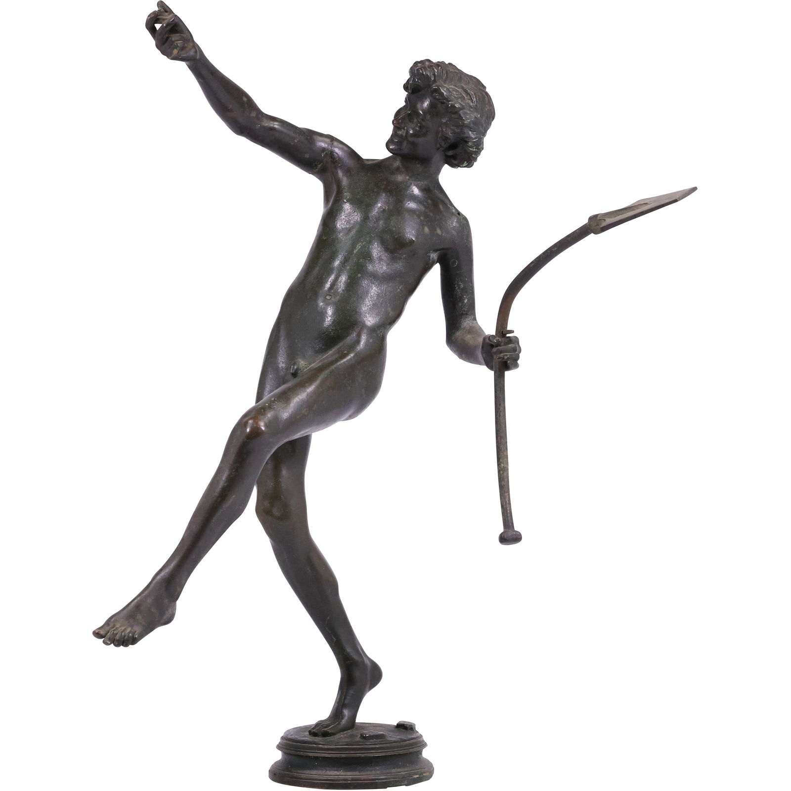 1880s French Antique Bronze Sculpture “Find in Pompeii!” by Hippolyte Moulin: 19th C. bronze sculpture is entitled "A Find in Pompeii!" ("Une Trouvaille à Pompéi") by the French sculptor Hippolyte Alexandre Julien Moulin. The sculpture depicts a young, nude male figure in a j