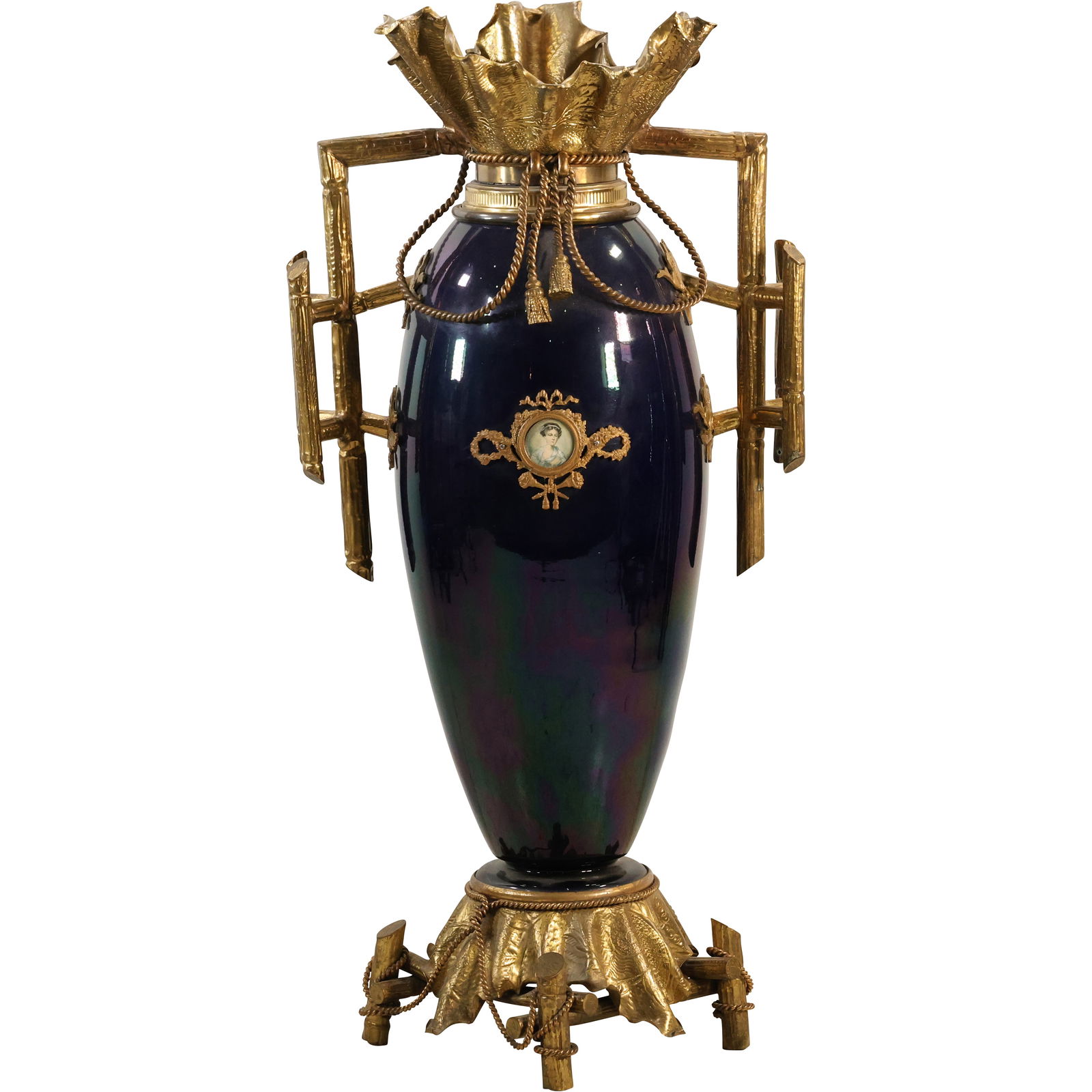 Large Continental Louis XVI Style Cobalt Blue Enameled Metal and Dore Bronze Floor Vase (1 of 20)