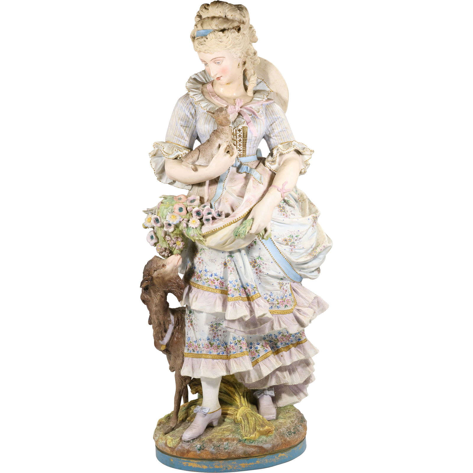 A Large 19th Century French Bisque Porcelain Figure of Woman and Goats: A Large 19th Century French Bisque Porcelain Figure of Woman and Goats, 30 inches Height size: 30h 14w S:MID