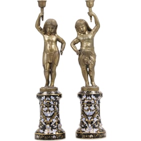 Pair Wong Lee WL 1895 Egyptian Revival Figural Candlesticks with Enamel Decorated Porcelain Bases