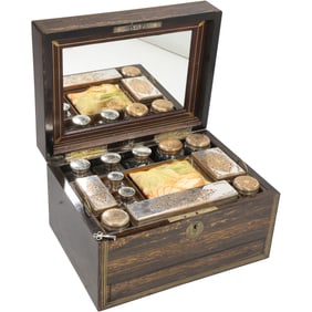 19th C. Victorian Rosewood Coromandel Dressing Box with Fitted Jars and Secret Compartments