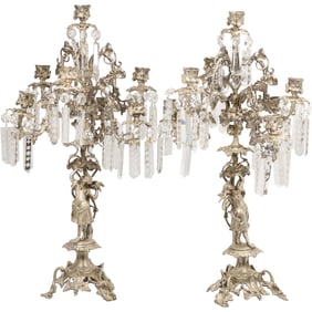 Pair 19th C. Cast Brass Silver Plated Figural Candleabras Attributed to Cornelius & Co. of Phila