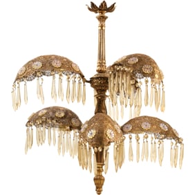 Unique Mid-Century Italian Six-Arm Brass Palm Leaf Crystal Prisms Chandelier 24 in. diameter