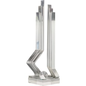 Signed Dan Murphy 1990, Polished Aluminum Skyscraper Statue Modernist Design Lucite Base