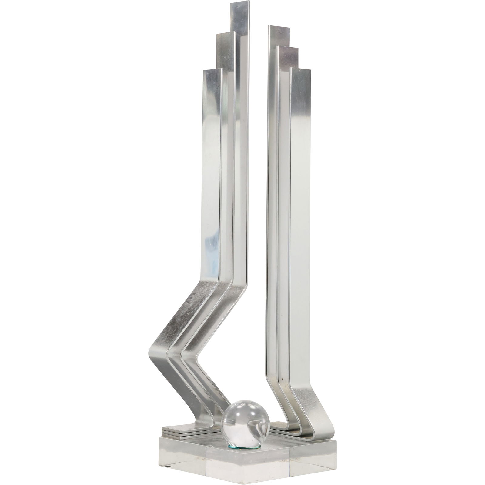Signed Dan Murphy 1990, Polished Aluminum Skyscraper Statue Modernist Design Lucite Base (1 of 18)