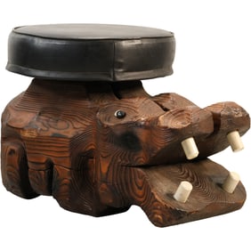 Vintage Witco Carved Cedar Hippopotamus Stool with a Black Faux Leather Cushion