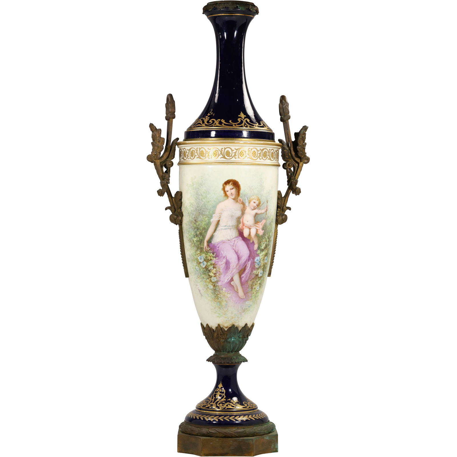 19th C. Dore A Serves French Porcelain Large Cobalt Urn with Maiden and Cherub Scenic Panel (1 of 20)