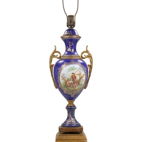 19th C French Sevres Cobalt Porcelain Table Lamp Handled Urn with Ormolu Mounts, Scenic Panel