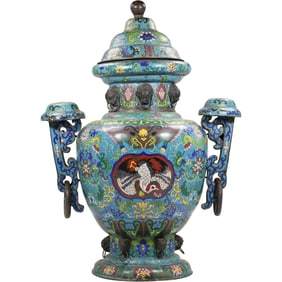 Monumental Large Chinese Cloisonné Enamel Covered Urn with Phoenix and Floral Motifs, Late Qing to
