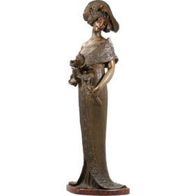 Lucien Charles Edouard Alliot (1877-1967) After Bronze Elegant Edwardian Woman Sculpture