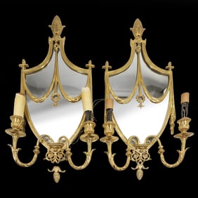 Pair Louis XVI style French Bronze Mirrored Back Wall Sconces 27.5 in. height x 13.5 in. wide