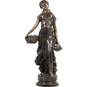 Signed Moreau, Large cast bronze statue titled 'Automne' young woman carrying baskets of grapes