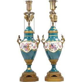 pair of 19th-century French Sèvres-style porcelain table lamps, Teal Color, Hand Painted Flowers