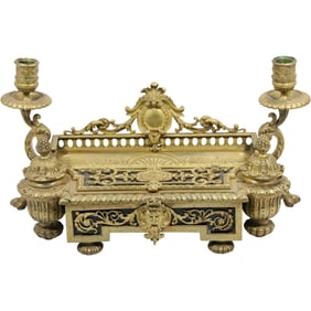 19th C. Antique Bronze Inkwell and Desk Set Candle Holder Sides attributed to Maison Giroux