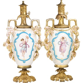Pair Large 19th C. OLD PARIS French Porcelain Table Lamps with Scenes Women in Dance
