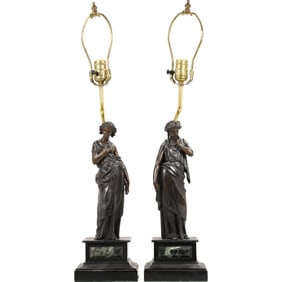 Pair 19th C. Neoclassical Bronze Classical Women Statue Sculptures as Table Lamps