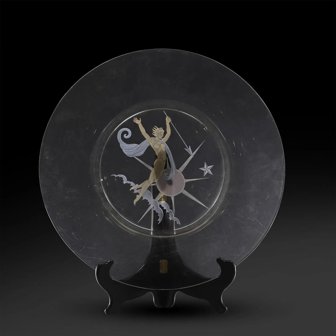 Franz Grosz Art Deco Etched Glass Charger Signed: Franz Grosz Art Deco Etched Glass Charger Signed ; "Franz Joseph Grosz (Born 1909) Art Deco etched and colored glass charger. Zodiac design. Acid signed; 18in. Diameter Active/lived in New York. Franz