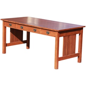 Stickley, Arts and Crafts Style Oak Three-Drawer Library Table, Signed STICKLEY inside Drawer